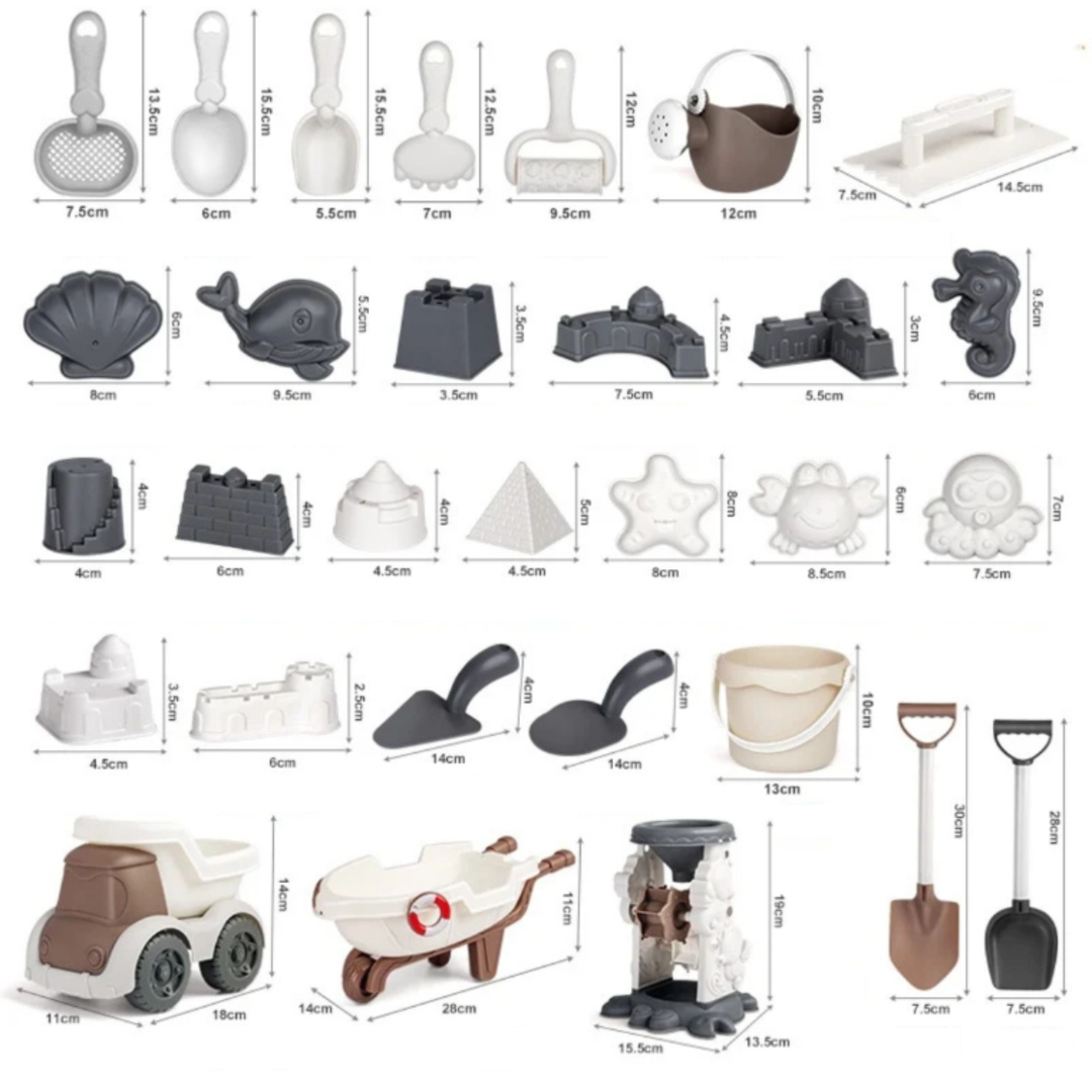 Dimension chart for beach tools, molds, bucket, watering can, toy truck, wheelbarrow, and sand mill