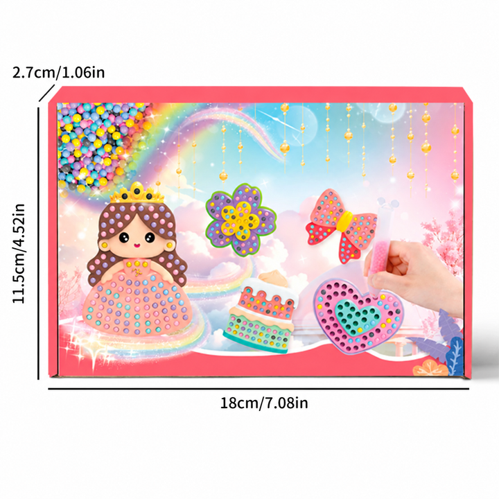 Bead craft kit box labeled 18 cm wide, 11.5 cm high and 2.7 cm deep