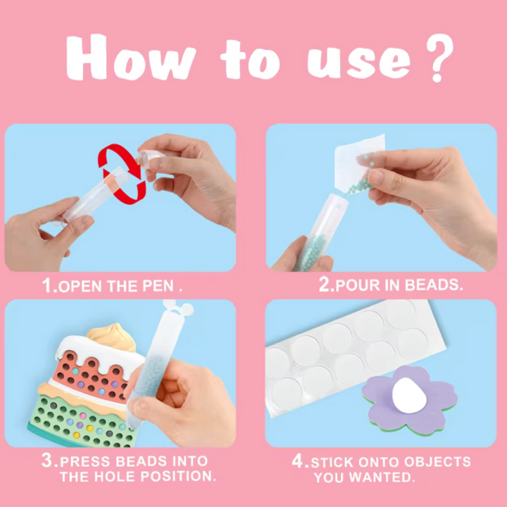 Four-step guide to filling a bead pen, placing beads and applying adhesive stickers