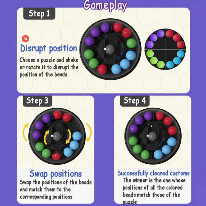 Instructions showing how to mix, move and match the puzzle&