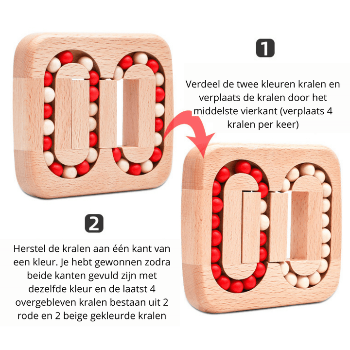 Two-step guide to moving beads through the center and sorting the wooden puzzle by color.