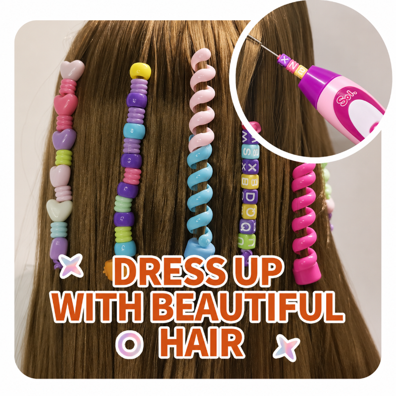 Hair decorated with colorful beads and spiral accents beside a close-up of the pink styling tool
