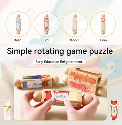 Bear, fox, rabbit, and lion puzzle designs with a close-up of hands turning the blocks