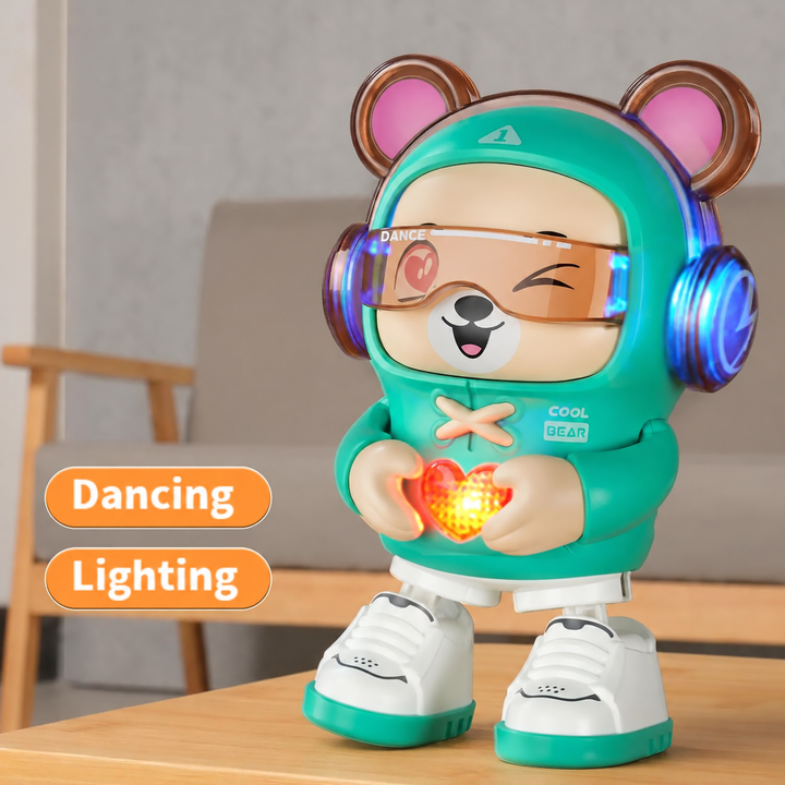 Green bear robot holding its glowing heart on a table, with dancing and lighting feature labels
