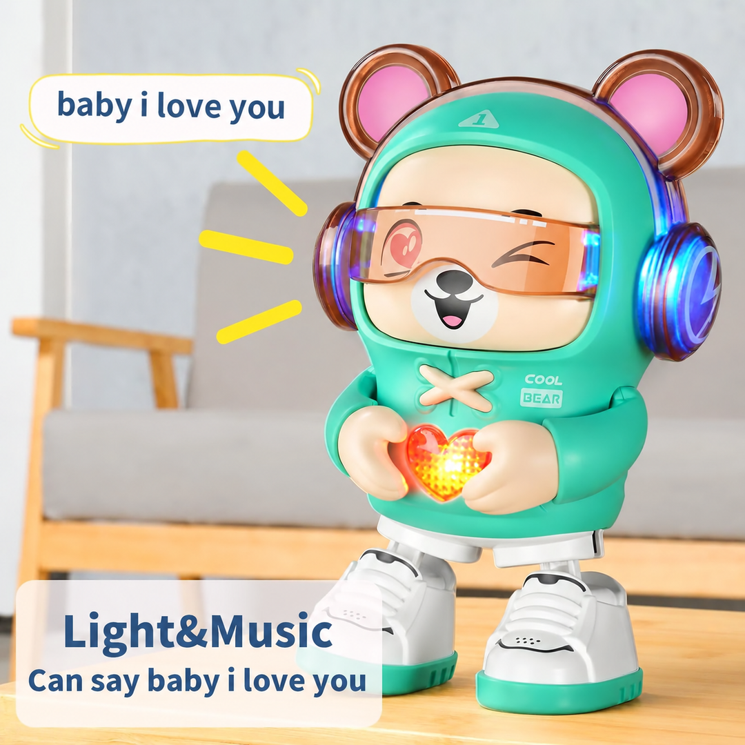 Bear robot with lights and music labels and text describing the spoken phrase "baby I love you"