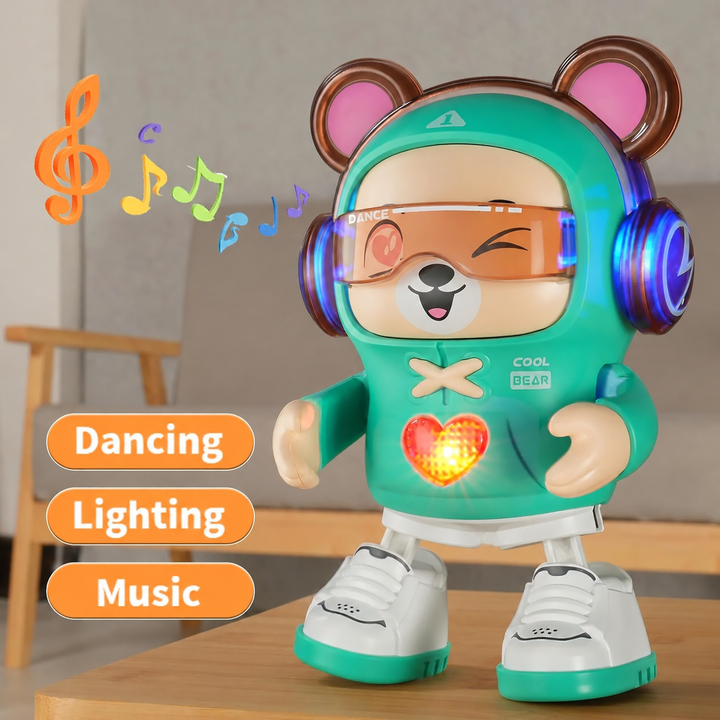 Green bear robot with its arms away from its glowing heart, surrounded by musical-note graphics