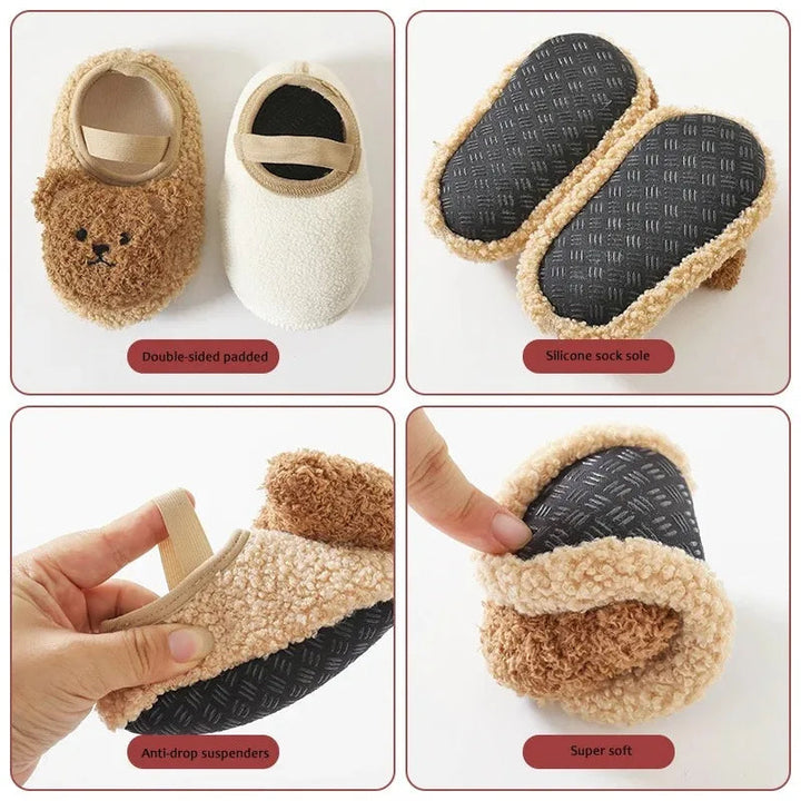 Close-ups of bear slippers showing lining, textured soles, elastic bands, and flexible fabric