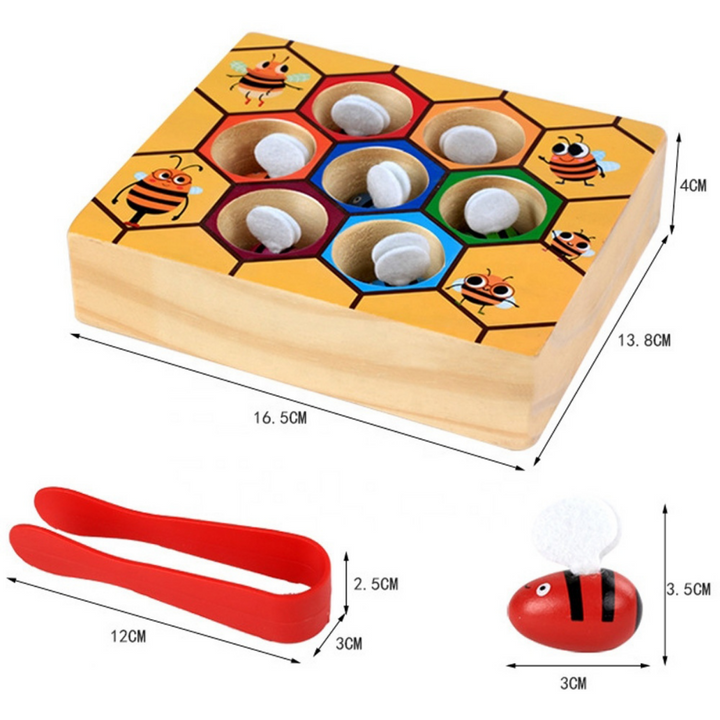 Measurement diagram of the wooden beehive board, red tweezers, and a bee piece