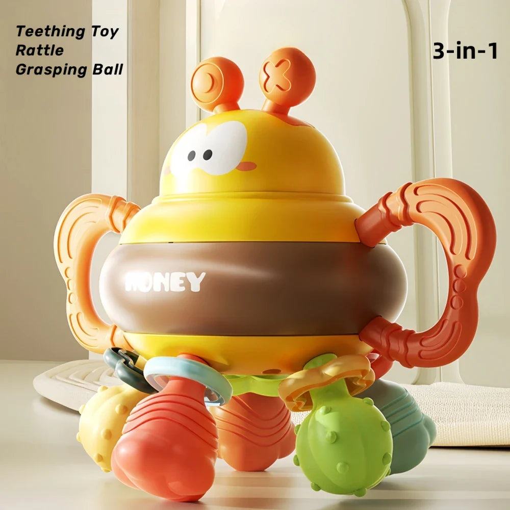 Bee-shaped rattle and teething ball with two orange handles and colorful hanging pieces
