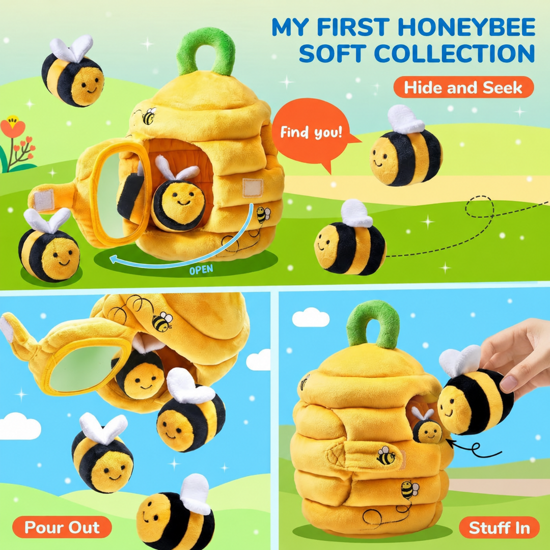 Beehive plush toy shown with bees being taken out and tucked back inside