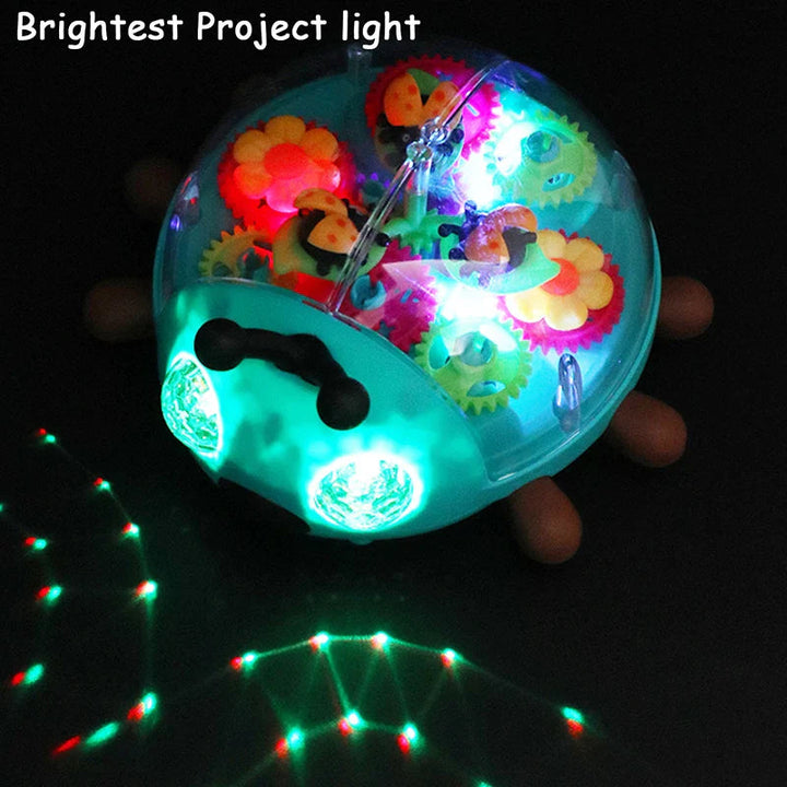 Musical beetle toy glowing in the dark and projecting colored light patterns onto the floor