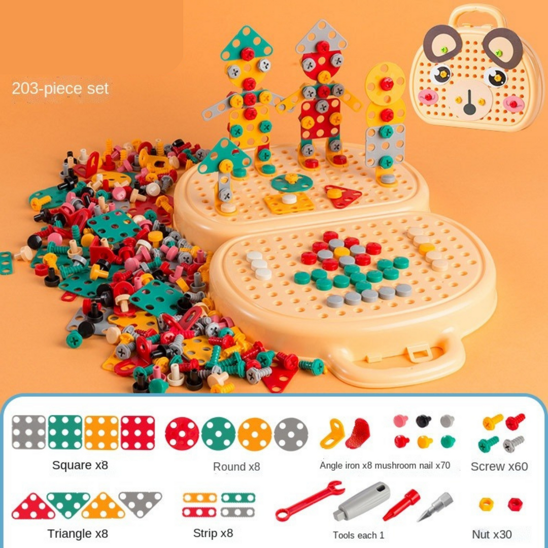 Beige 203-piece construction set with bear-shaped case and illustrated component counts