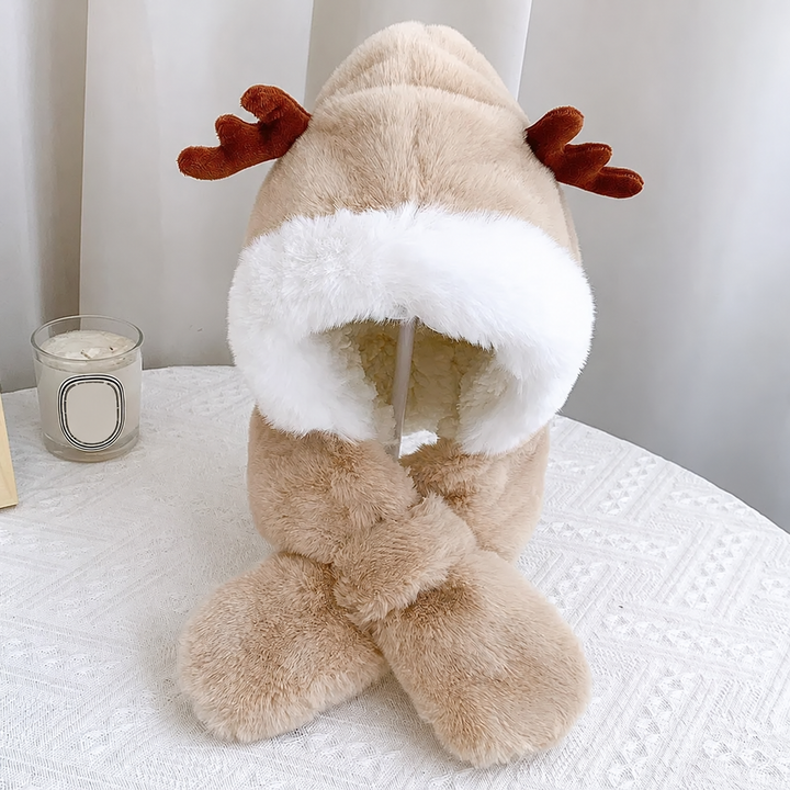 Beige antler baby hat with fluffy white face trim and an attached scarf