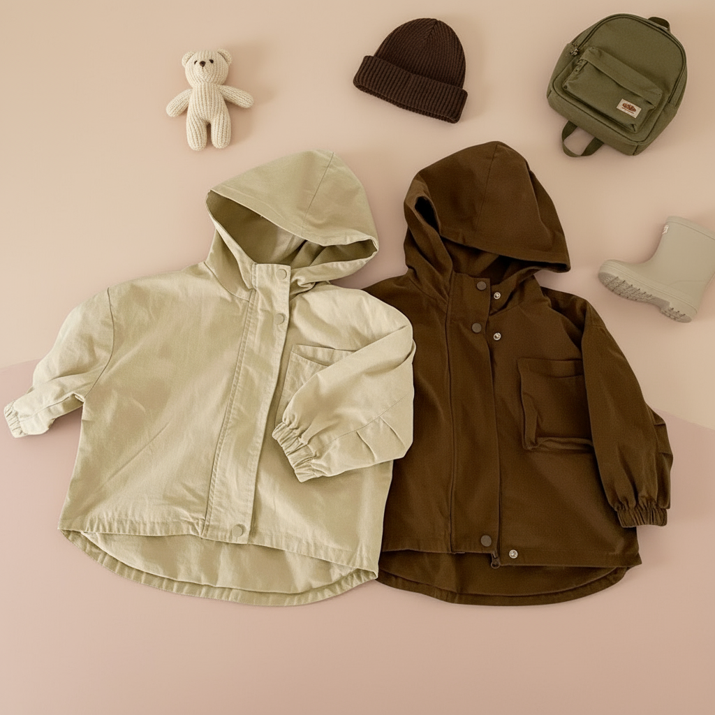 Beige and brown hooded kids' parkas laid flat with elastic cuffs and curved hems