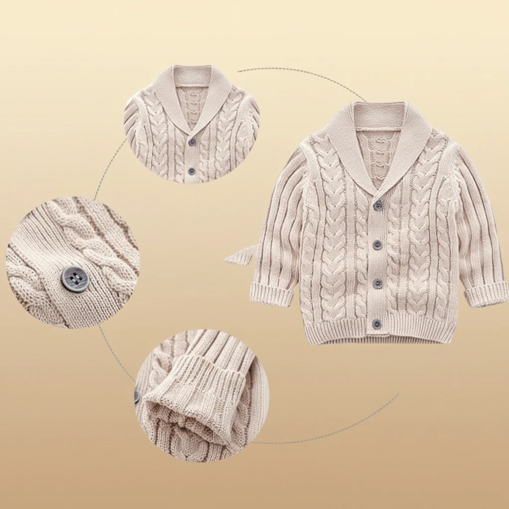 Beige cable-knit cardigan with close-up views of the collar, button, and ribbed cuff