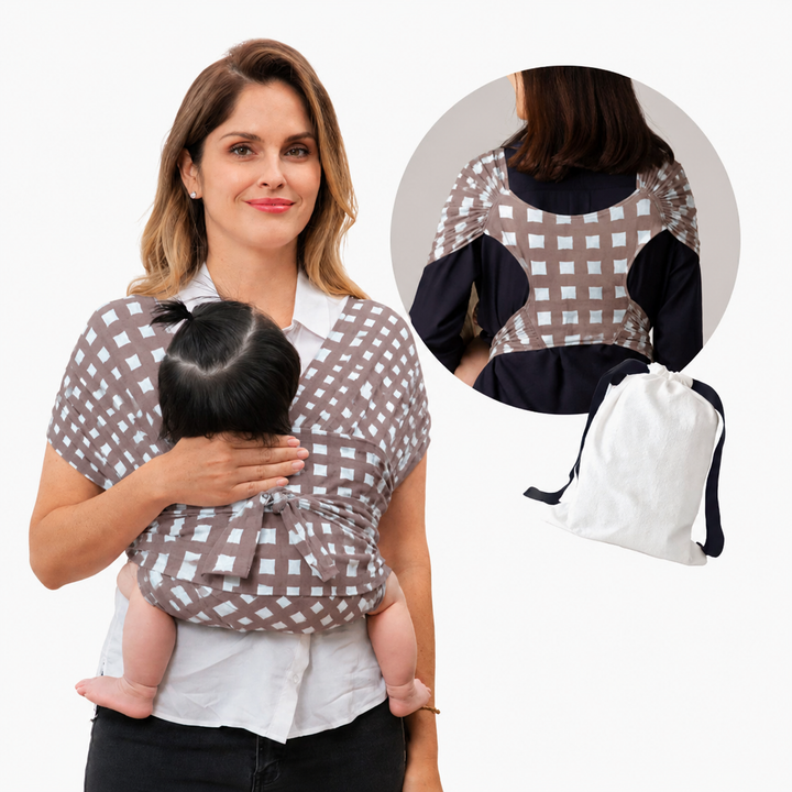 Beige-and-white checked baby carrier shown from the front and back with a drawstring pouch