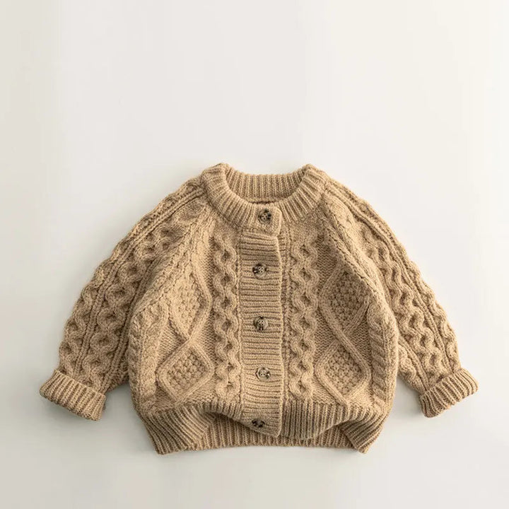 Beige long-sleeve cardigan with cable-knit panels and a button front