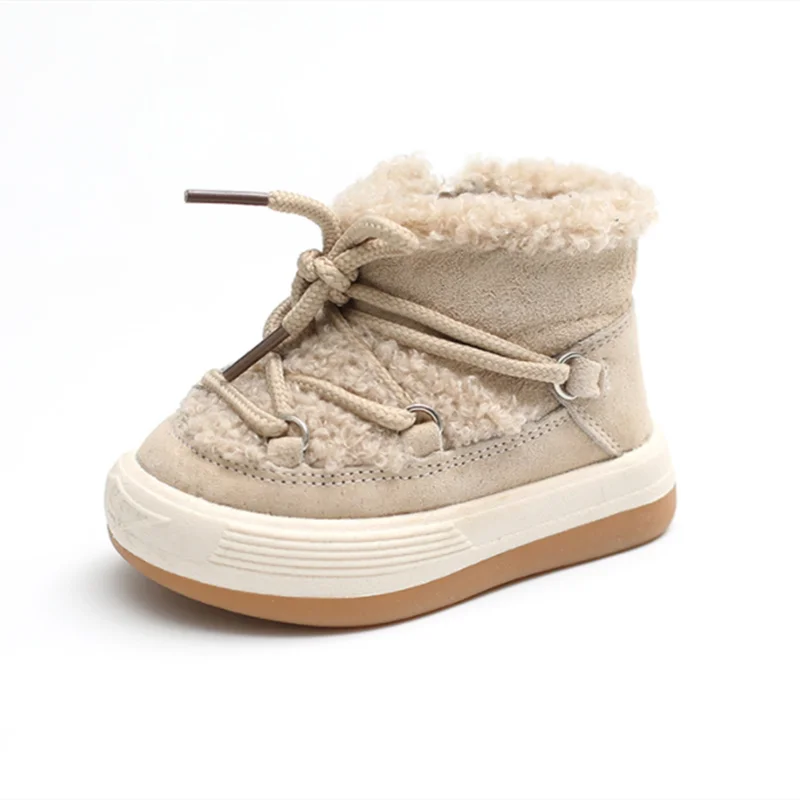 Beige children's winter boot with faux fur lining and a lace-up front