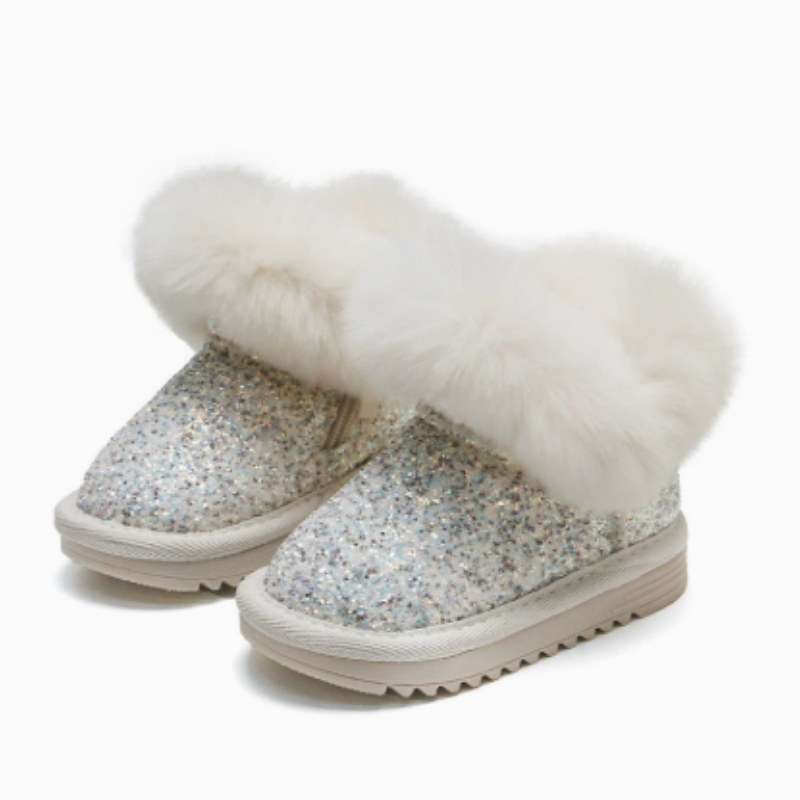 Beige glitter winter boots with cream-colored fluffy cuffs and light soles.