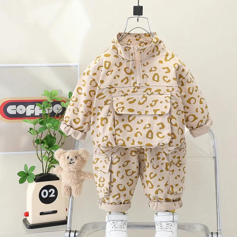 Beige leopard print set with a stand-collar pullover and matching elastic-waist pants.