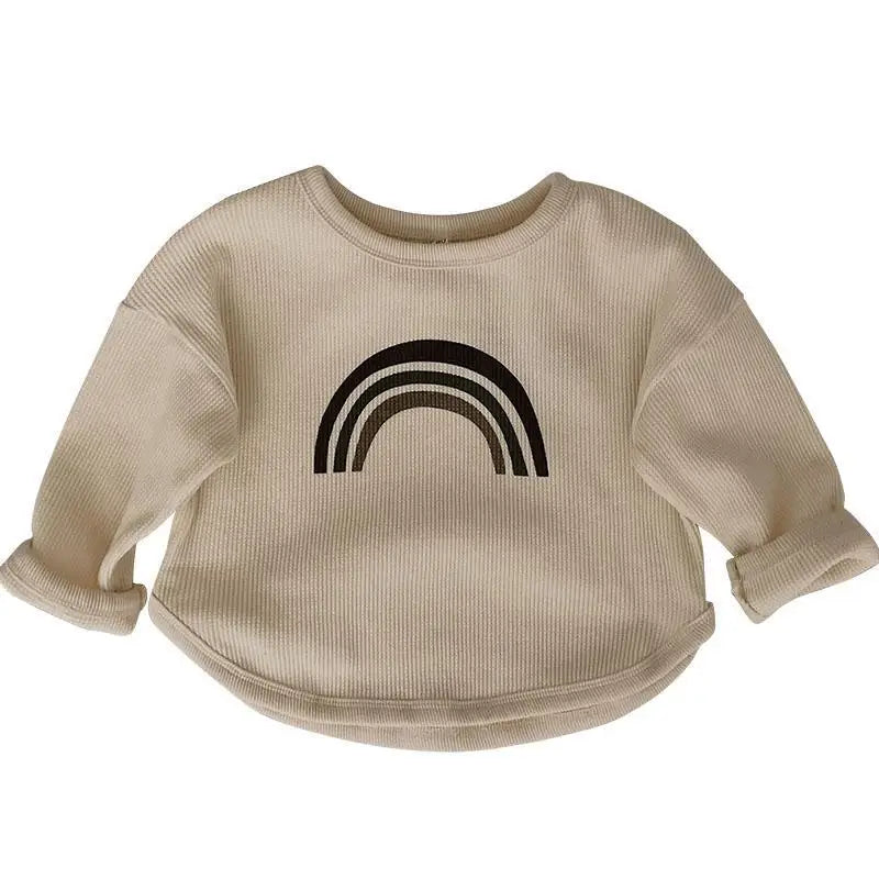Beige rainbow long sleeve T-shirt with a round neckline and curved hem
