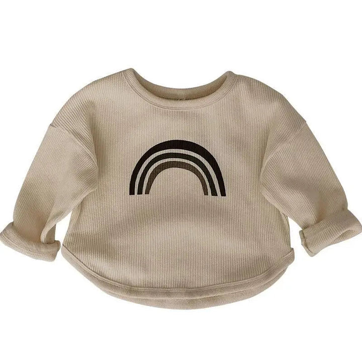 Beige rainbow long sleeve T-shirt with a round neckline and curved hem