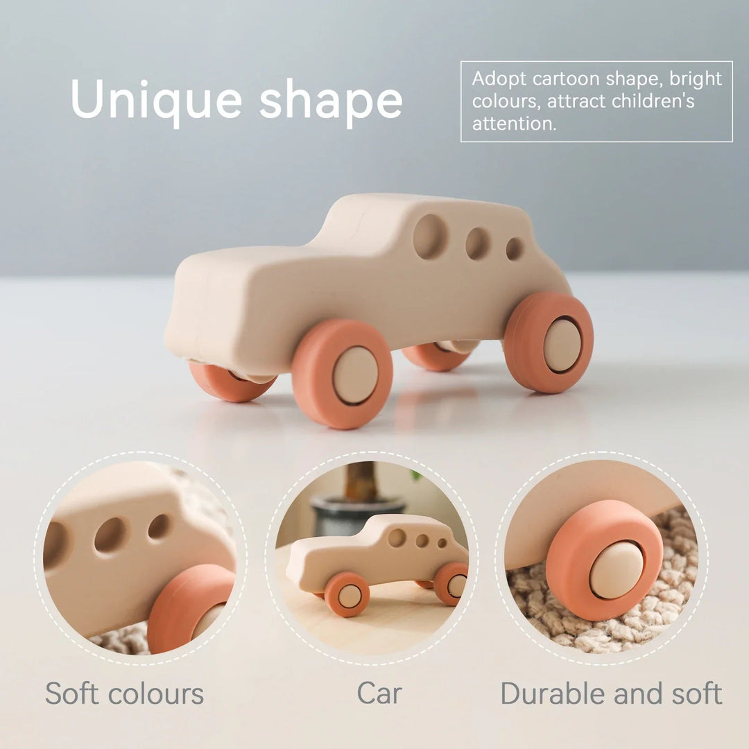Beige silicone toy car with coral wheels and close-ups of its body and wheels