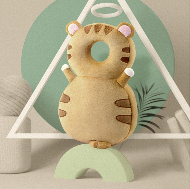 Beige tiger head-and-back cushion with brown stripes and a round head opening