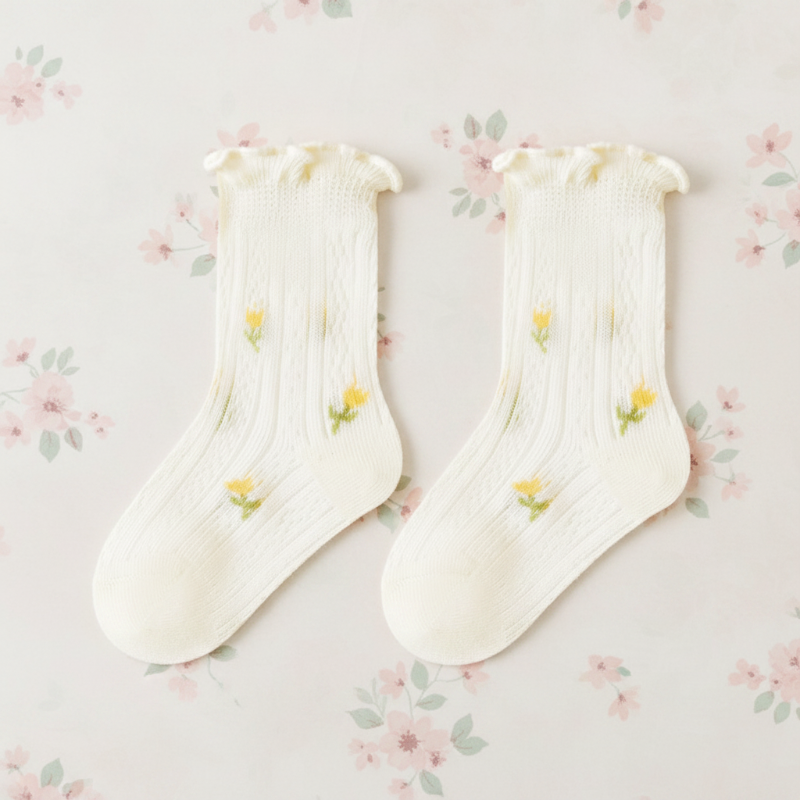Pair of beige baby socks with tiny flowers, pointelle knit, and ruffled cuffs.