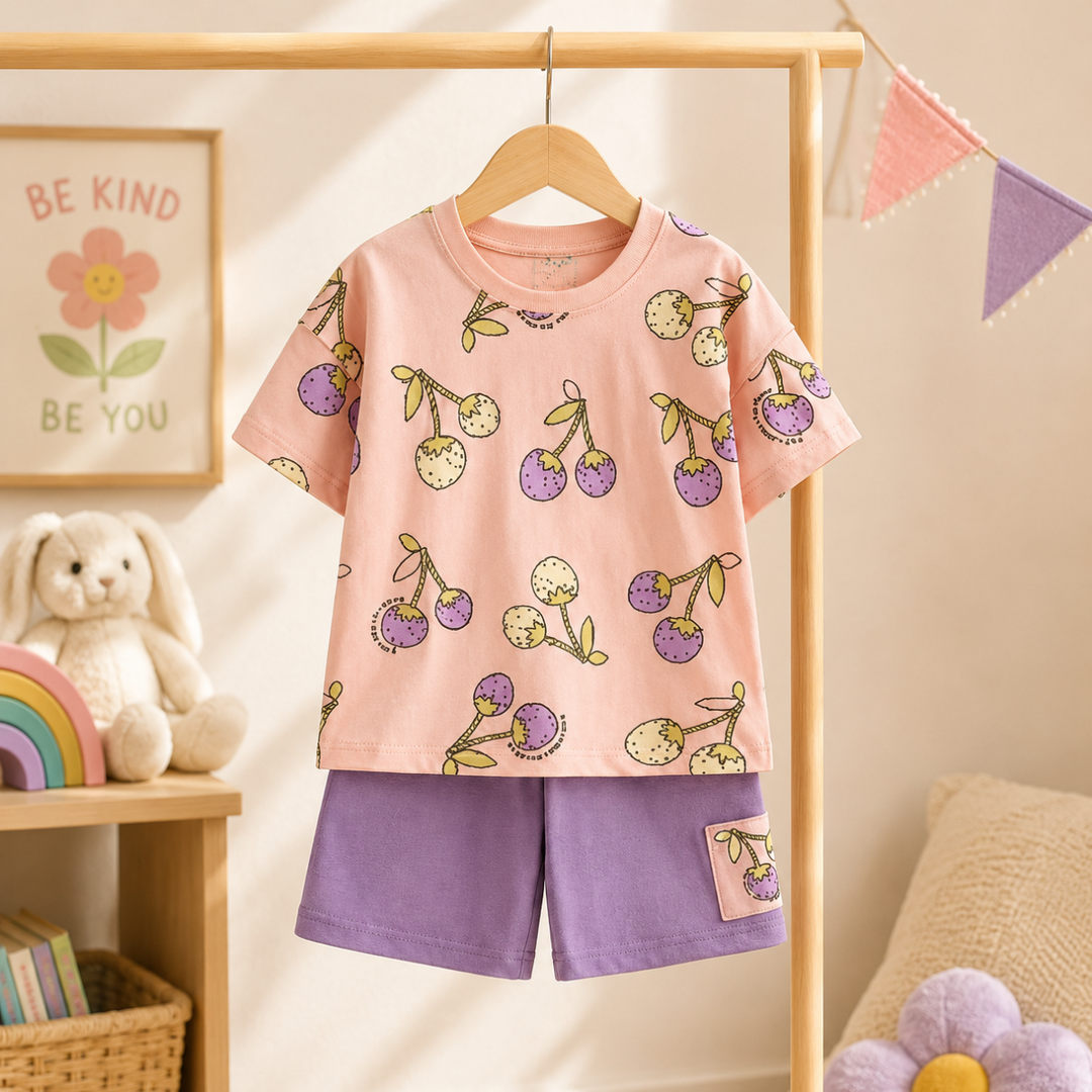 Pink berry-print T-shirt and purple shorts hanging together