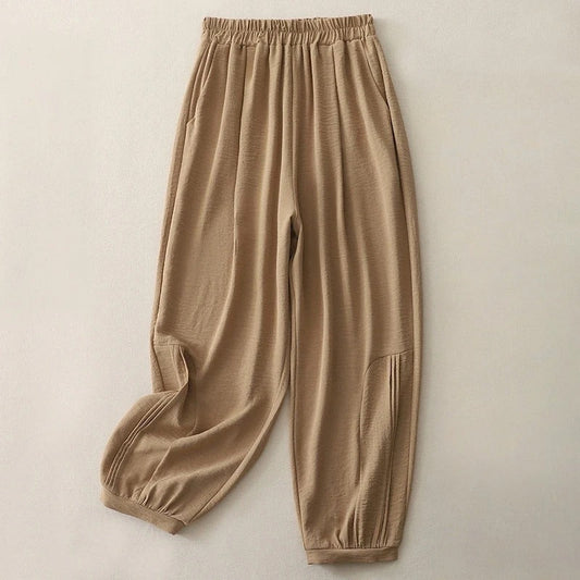 Calverly — Soft Linen Pants with Gathered Waist and Tapered Cuffs