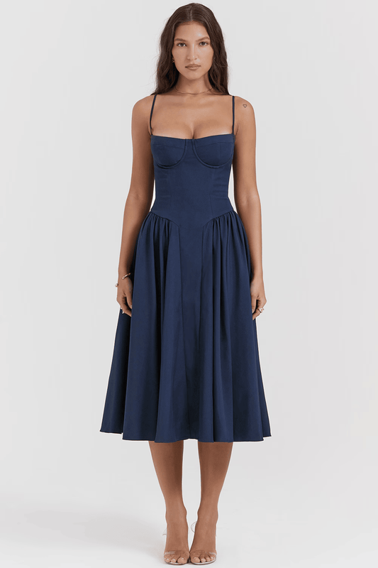 Marinelle™ Navy Midi Dress — Sculpted Fit, Breathable Comfort
