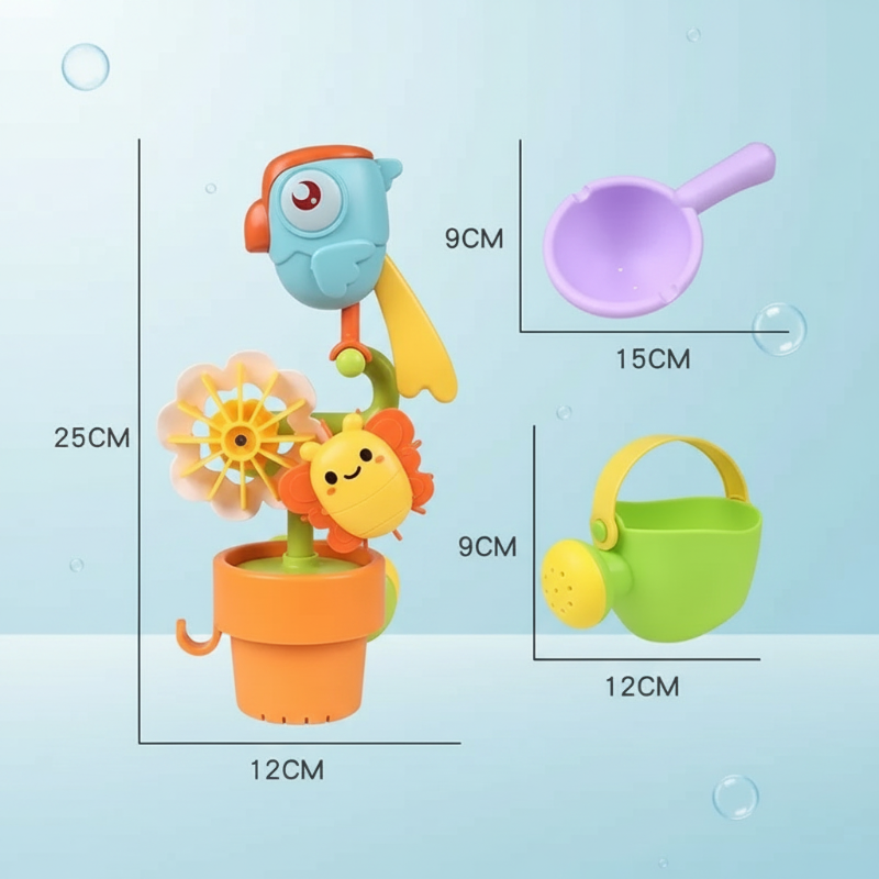 Bird bath toy size diagram showing the 25 by 12 cm toy, pouring scoop, and watering can