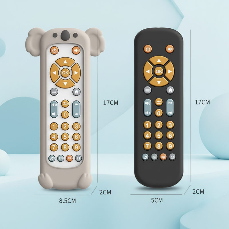 Measurement chart comparing a black toy remote and a koala-covered remote