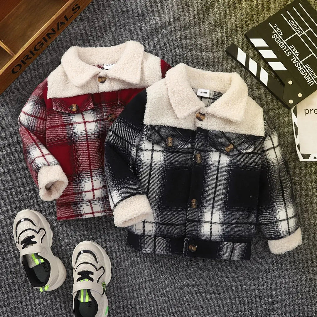 Black and red plaid kids' jackets with cream textured collars and cuffs