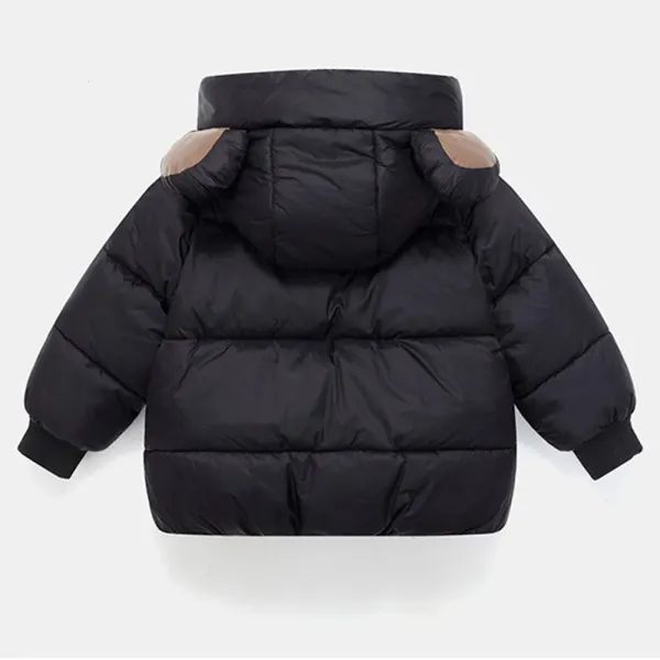 Back of the black quilted winter coat with animal ears on the hood