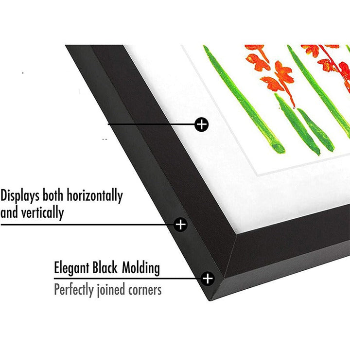 Close-up of a black art frame corner with a white border around a flower drawing