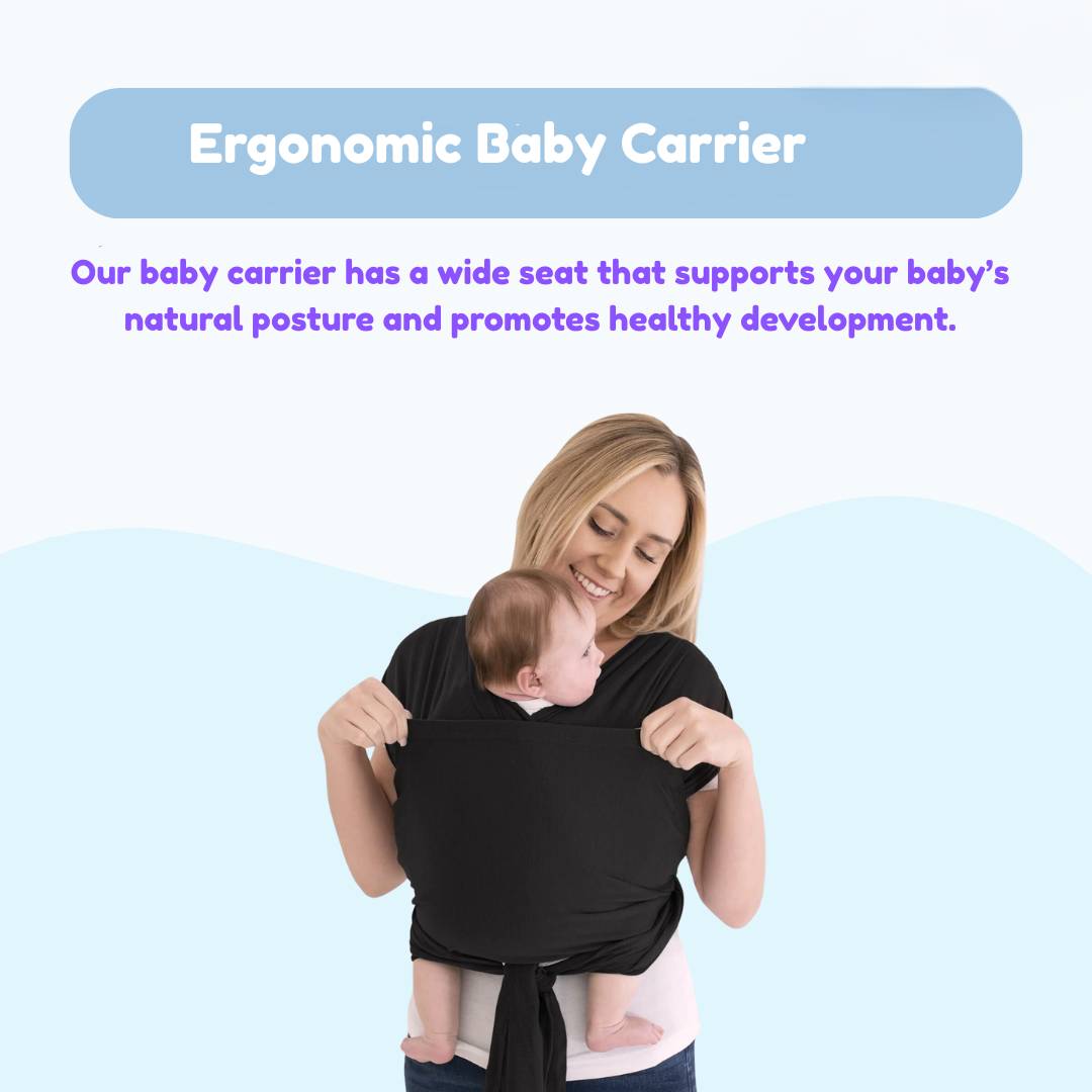 Parent wearing a black baby carrier with a wide fabric seat beneath the baby