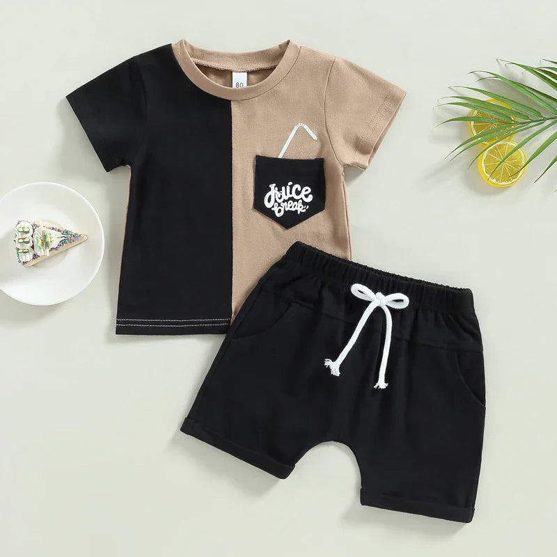 Black-and-beige short-sleeve T-shirt with graphic chest pocket and black drawstring shorts