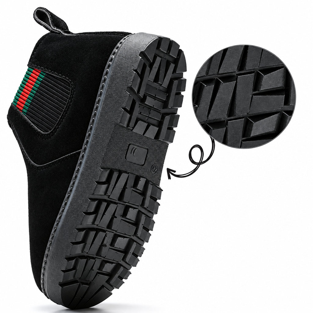 Black winter boot outsole with a close-up of the raised rubber tread pattern.