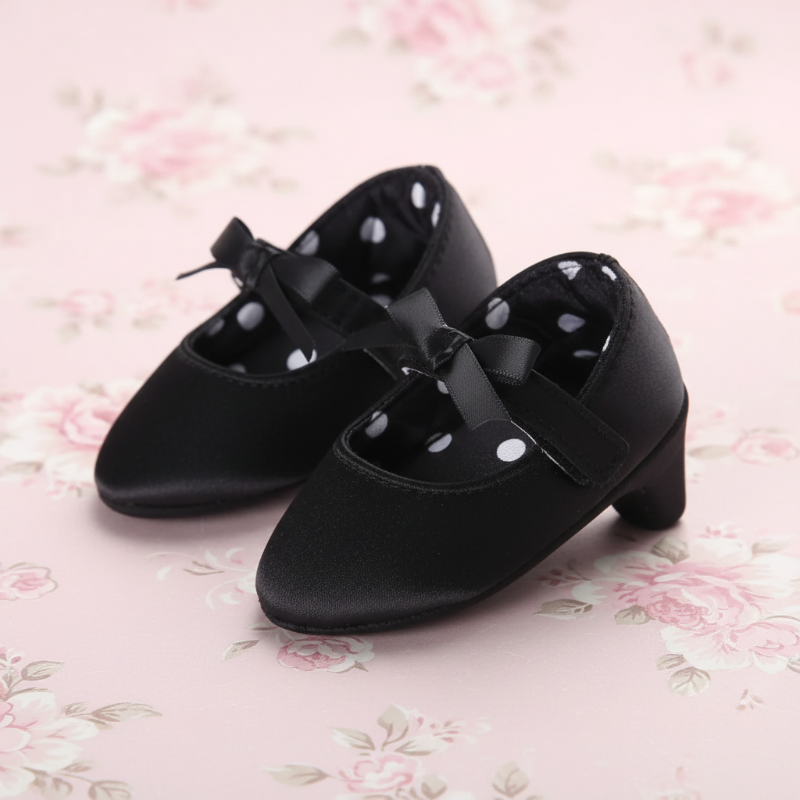 Black baby shoes with ribbon bows, straps, and polka-dot lining