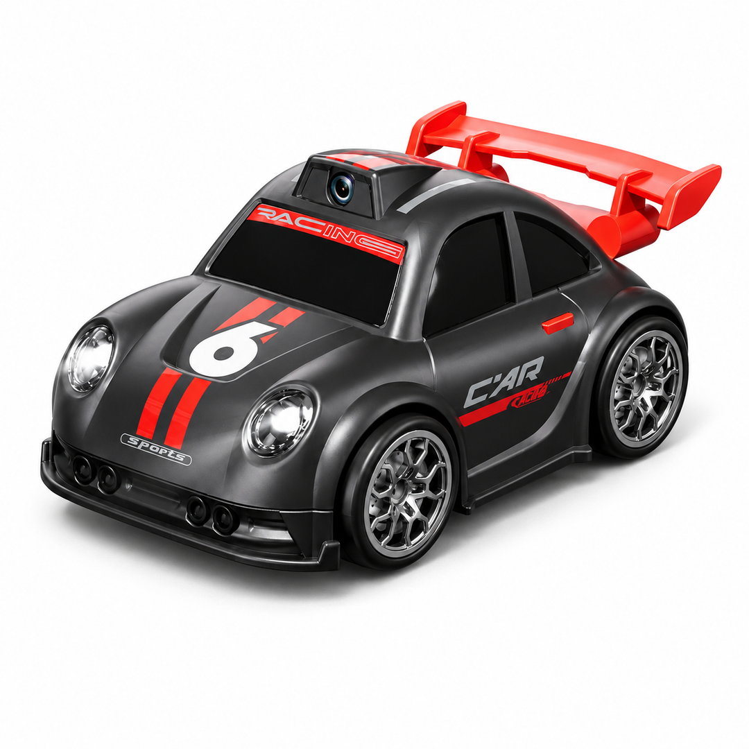Black RC drift car with a roof camera, red racing stripes, and rear spoiler