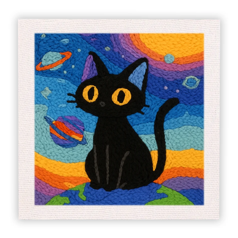 Black cat embroidery against a colorful space background with planets.