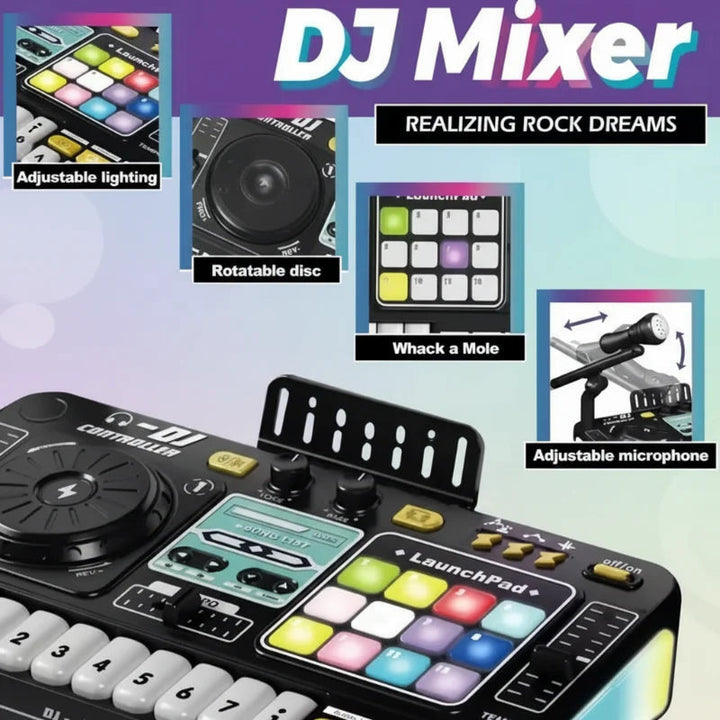 Black DJ mixer toy with callouts for light-up pads, rotating disc, button game, and adjustable microphone