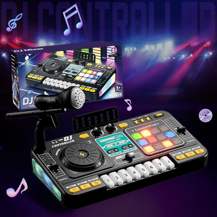 Black DJ mixer toy with microphone and product box against a musical backdrop