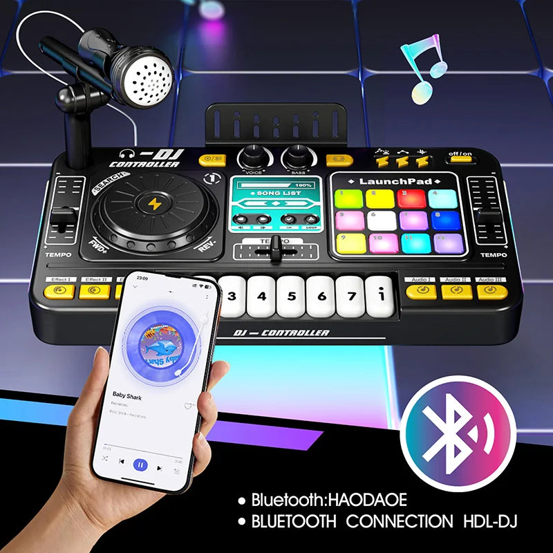 Black DJ mixer toy beside a phone illustrating Bluetooth connectivity