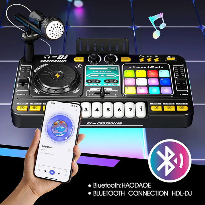 Black DJ mixer toy beside a phone illustrating Bluetooth connectivity