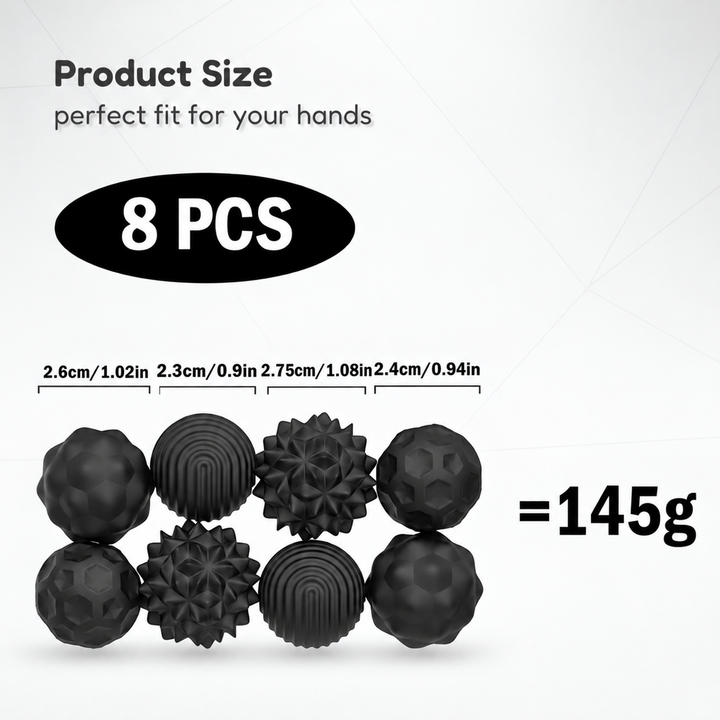 Eight black magnetic silicone balls in four textures, with diameter measurements and a 145 g set weight