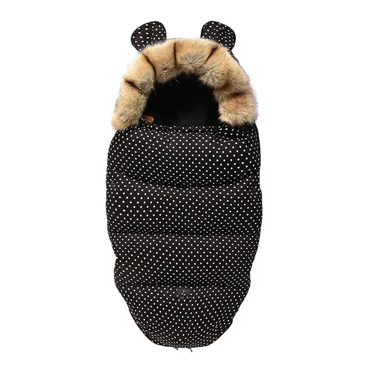 Black stroller footmuff with fine white dots, faux fur trim, and matching ears