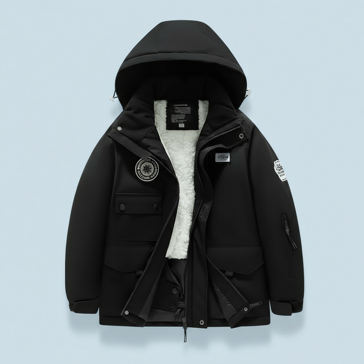 Black hooded ski jacket with white fleece lining visible